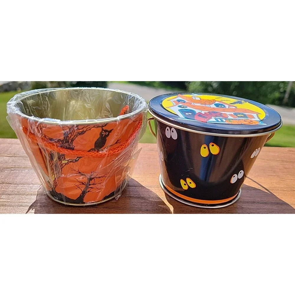 Vtg The Tin Box Company Halloween Metal Box Round Cat Pumpkin Witch & small tins